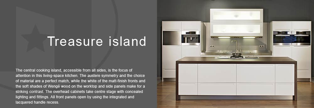 For the living-space kitchen a free-standing cooking island is very suitable. White matt lacquered fronts, worktop and side panels in Weng, Miele appliances and handle-less design.